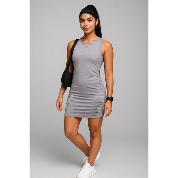 lululemon athletica Dresses & Skirts - Lululemon In The Flow Dress Heathered Medium Grey Seamless Ruched Dress size 8